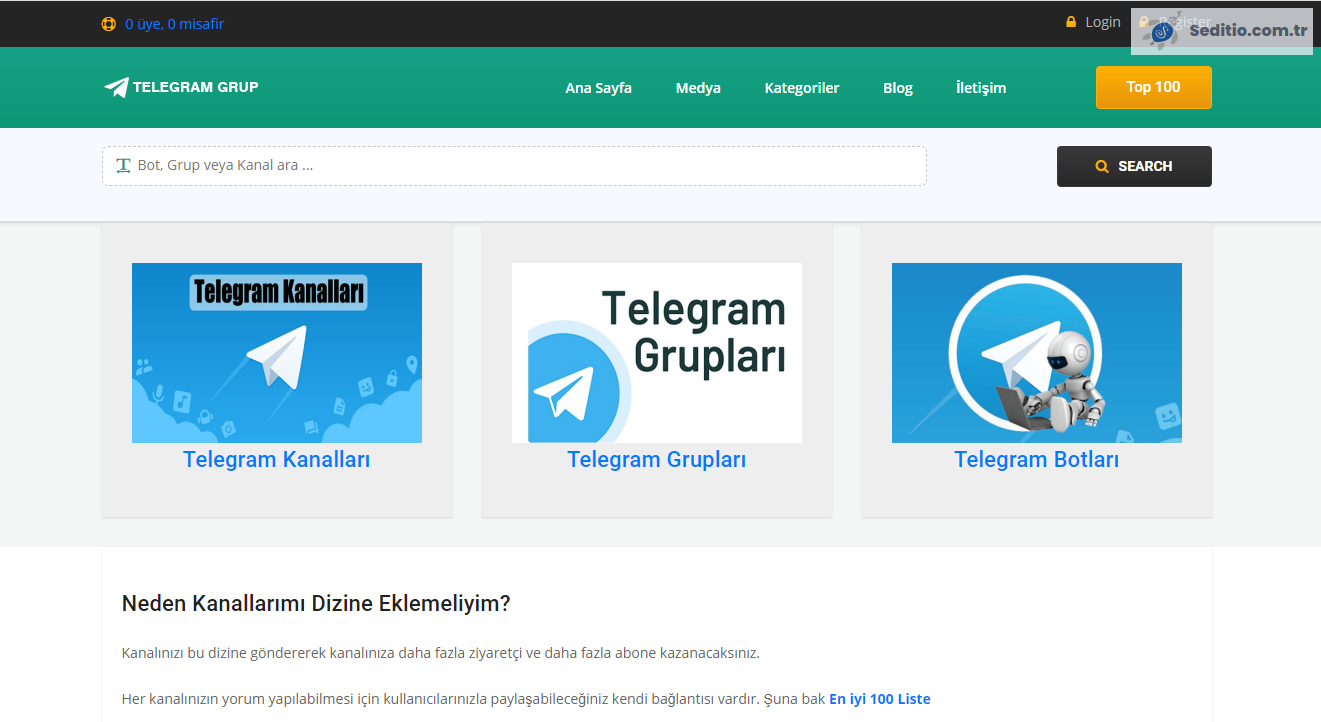 Telegram Kanal, Grup ve Bot Listeleme Script